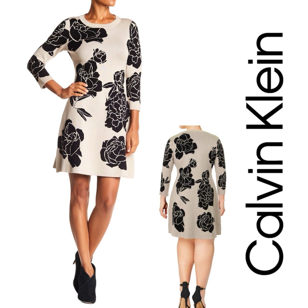 Calvin Klein Black and Cream Floral Dress - Sweater Dress -‎ Size L -340